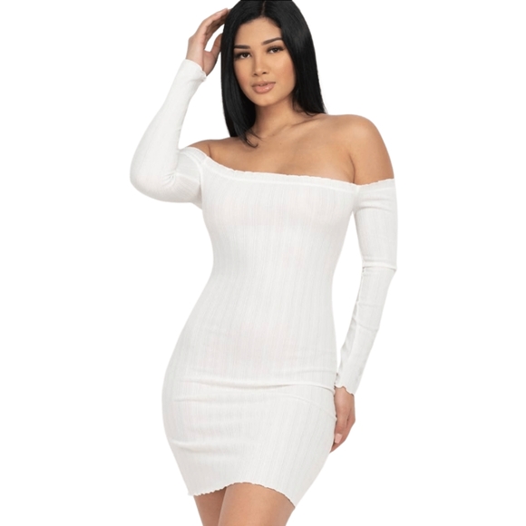 OFF SHOULDER LETTUCE EDGE DRESS (WHITE) - Picture 1 of 3